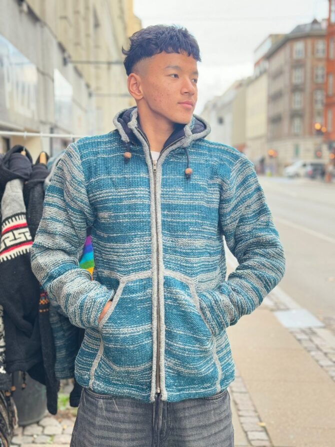 Handmade Blue Woolen Jacket – Nepali Artisan Hoodie with Earthy Tones - Image 2